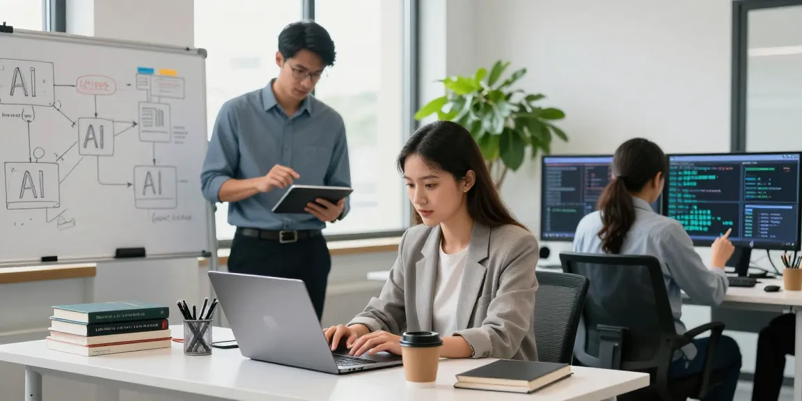 AI detection team collaborating in a modern workspace with tech elements, showcasing innovative solutions.