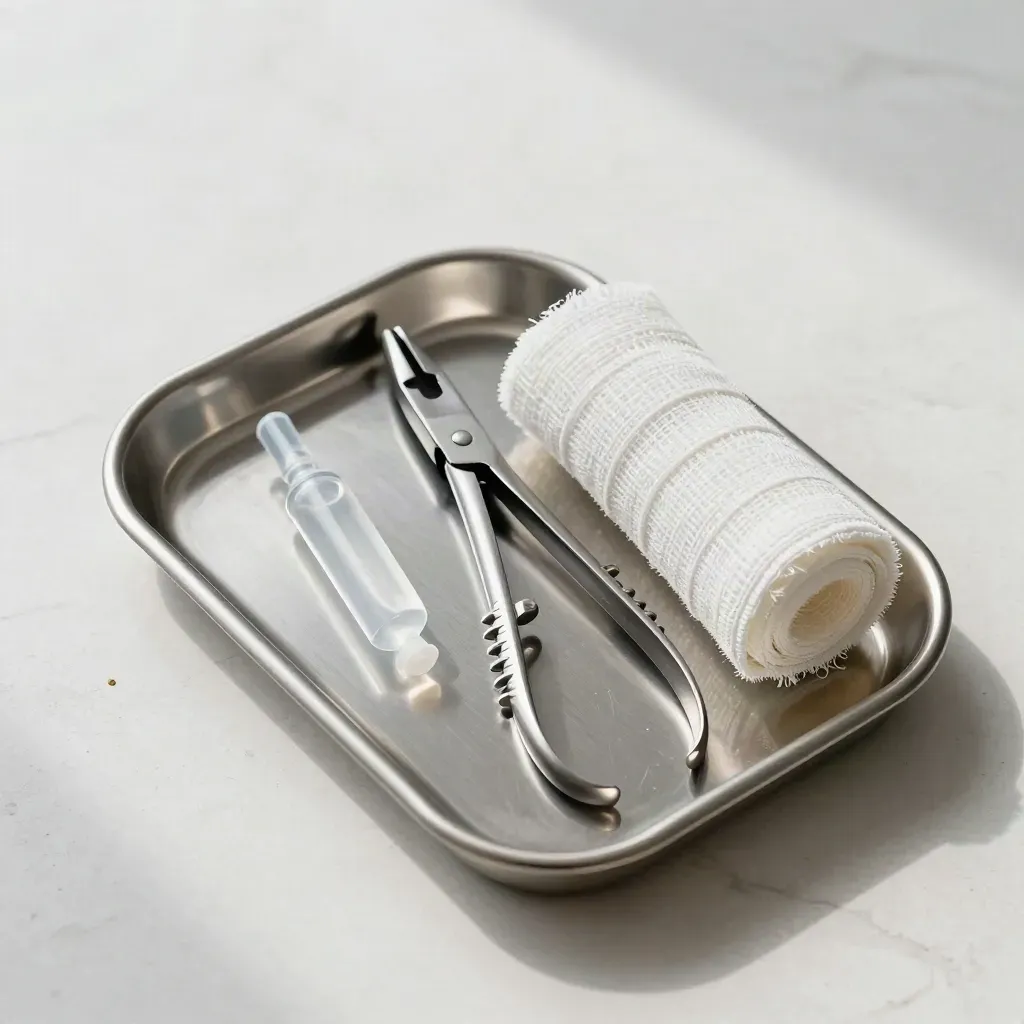 Top-down hospital still life with stainless tray, forceps, ampoule, and rolled gauze on white stone.