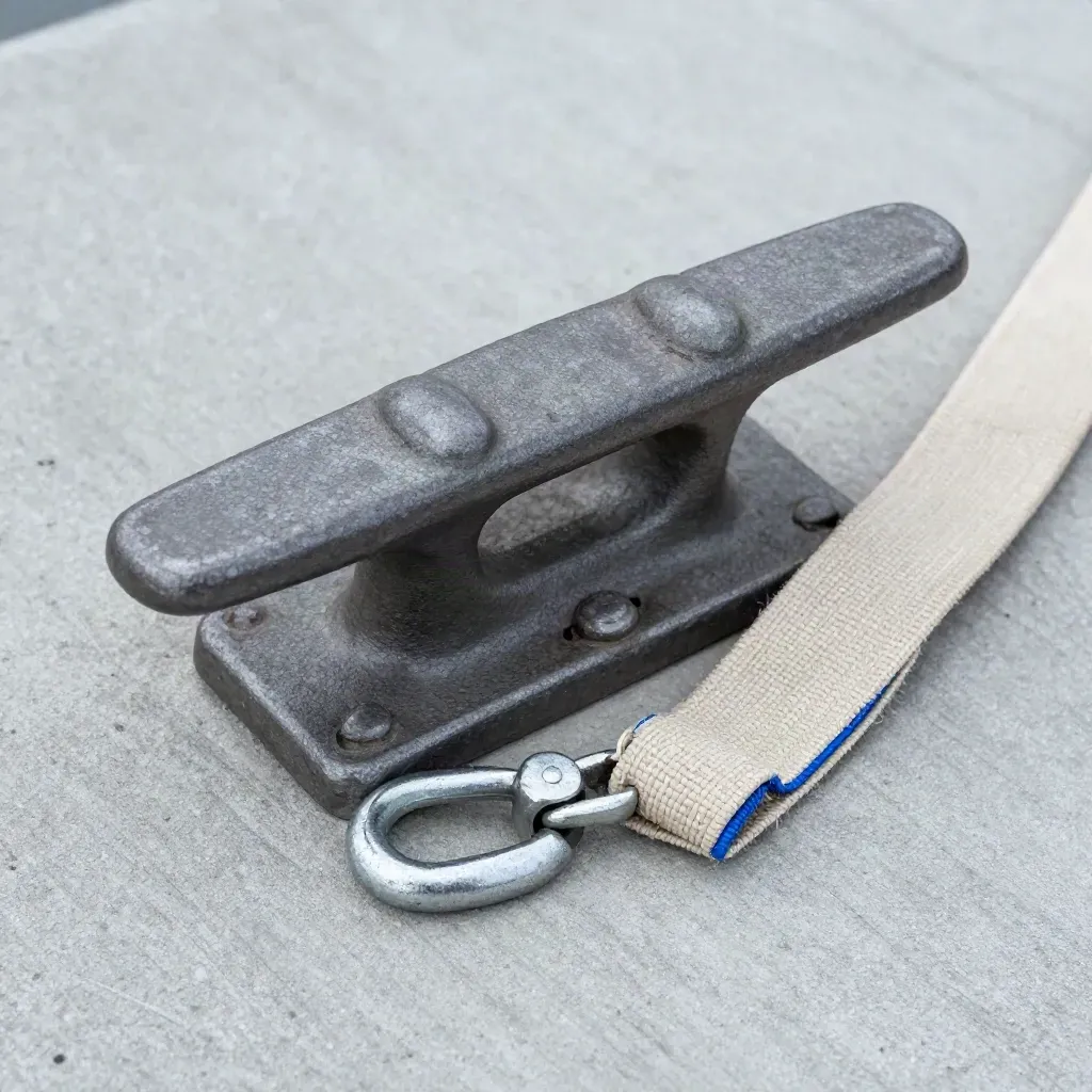 Dock cleat, shackle, and folded canvas strap on brushed concrete, premium top-down still life
