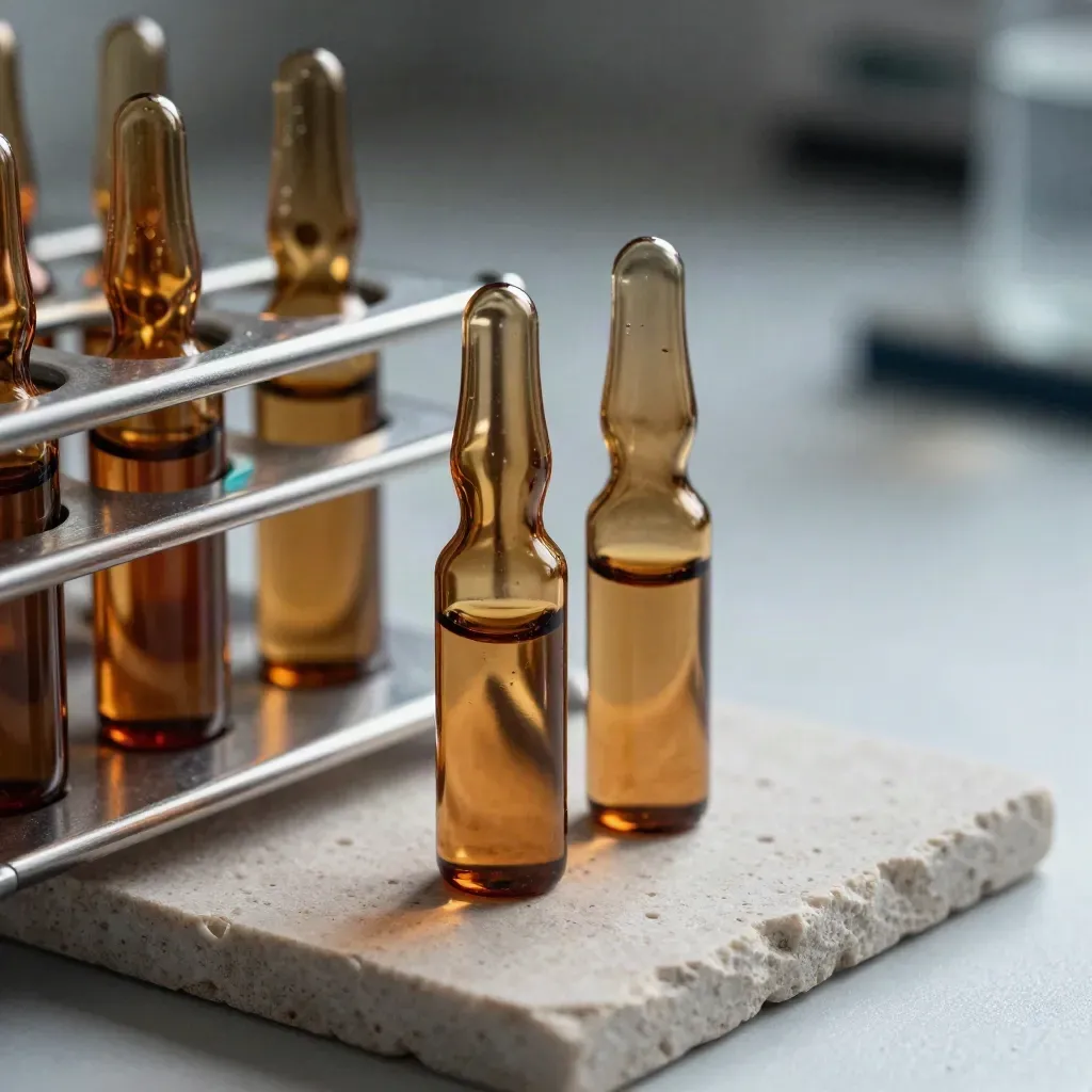 Amber vials and sealed ampoules in a stainless rack on pale stone, lit dramatically.