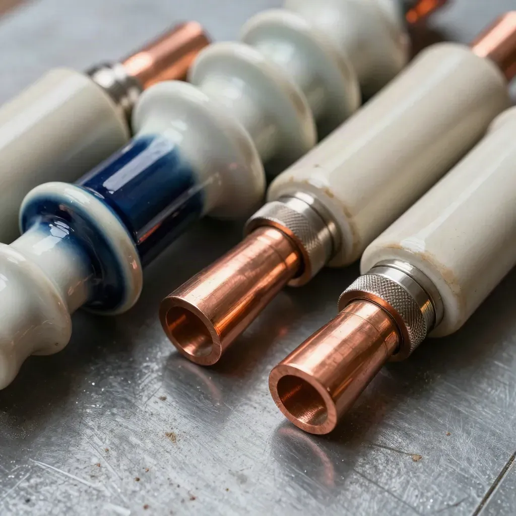 Ceramic insulators, copper busbar offcuts and a cable gland on brushed metal.