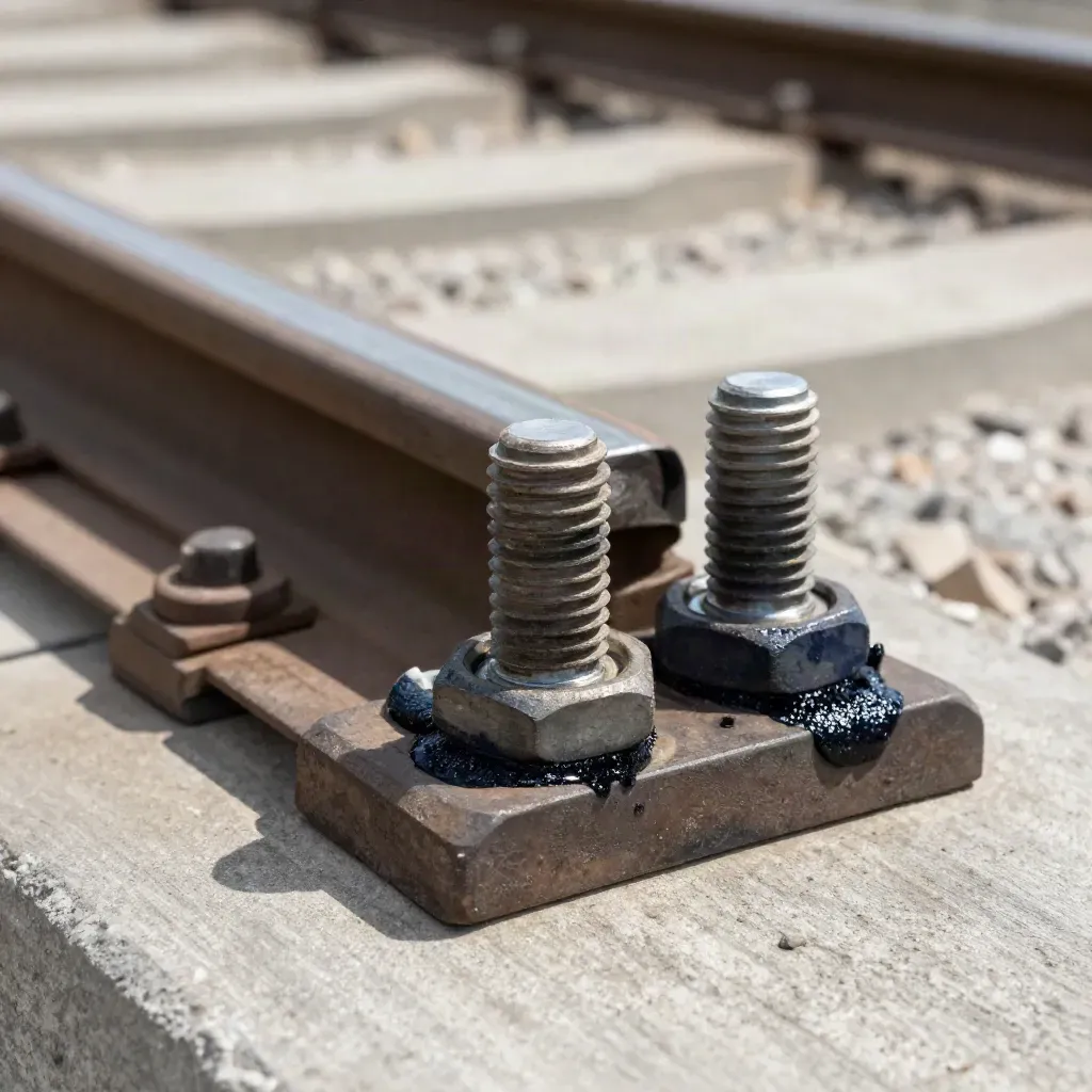 Macro of rail joint hardware aligned on graphite concrete under soft light