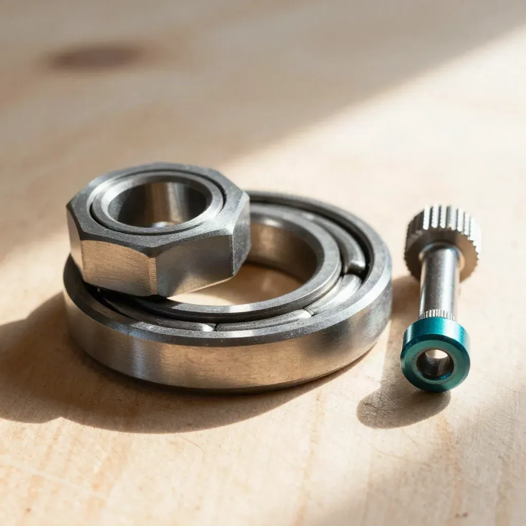 Bearing races, hex coupler and chuck key on pale wood with a muted teal accent.