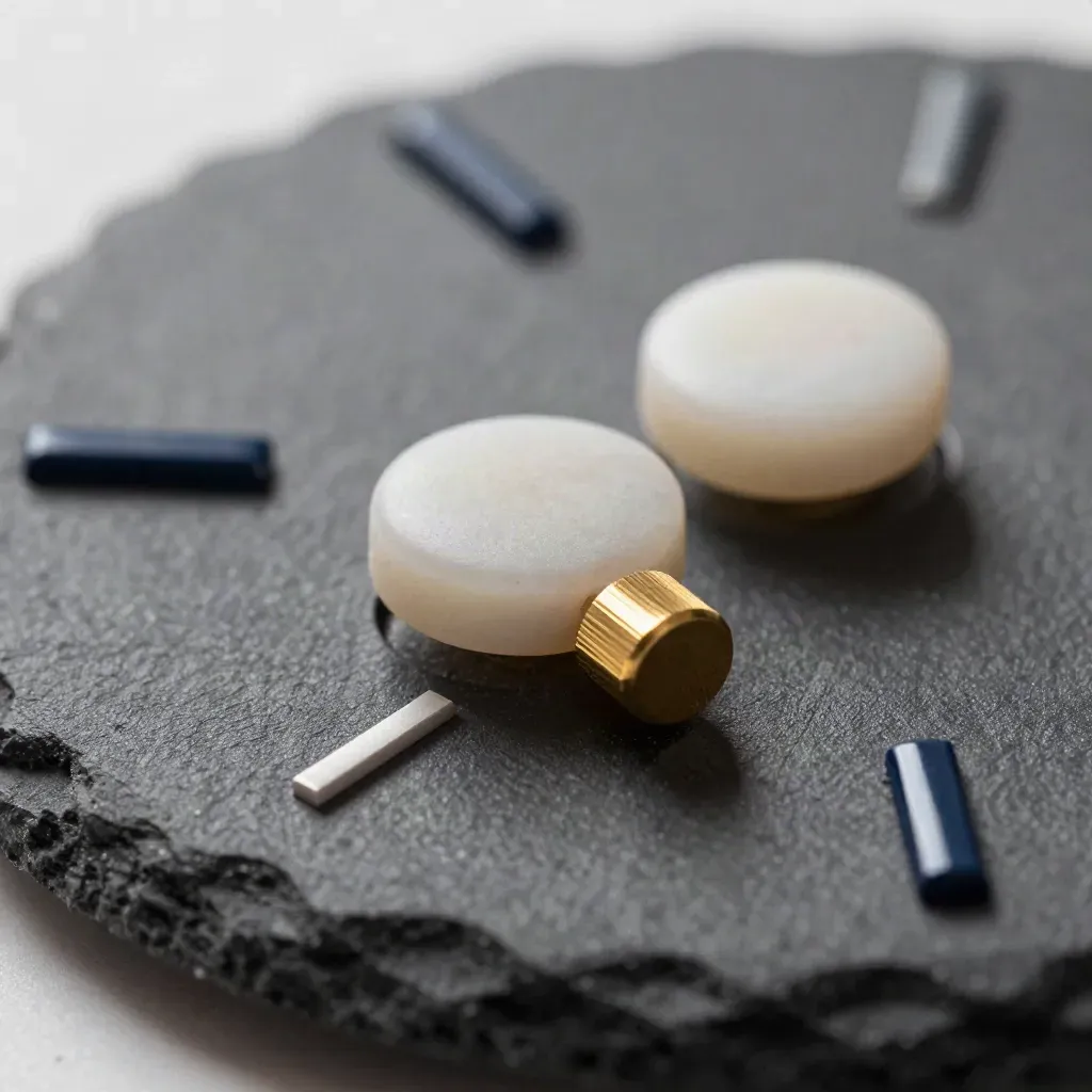 Macro still life of a black indicator dial, two calibration pucks, and a brass stop on slate.