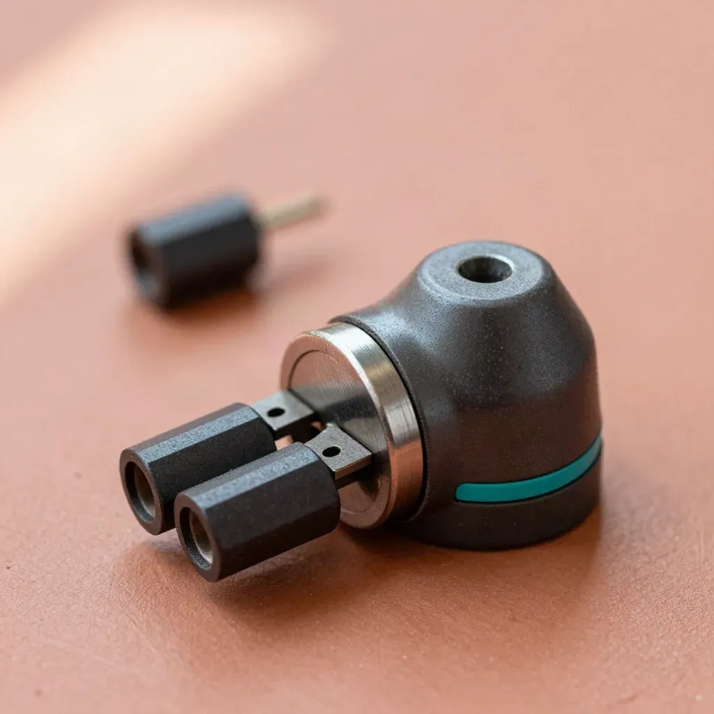 Relay contact, bell striker, and two connectors on a terracotta surface.
