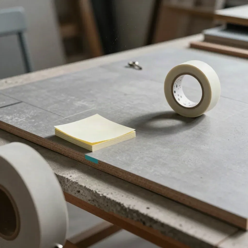 Foam tiles, sticky notes and drafting tape on concrete, seen through a blurred reel.