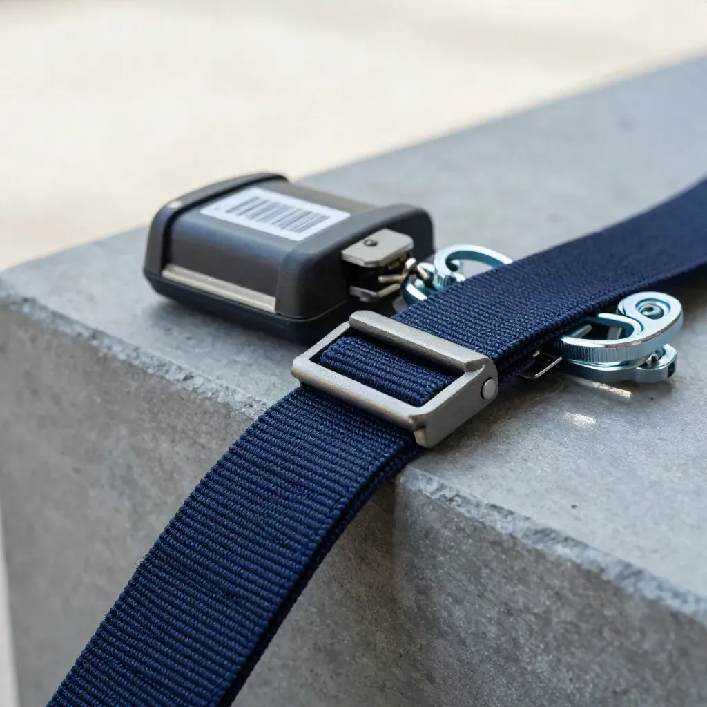 Barcode scanner cradle, dispatch tags and strap buckle on concrete, seen through a navy strap