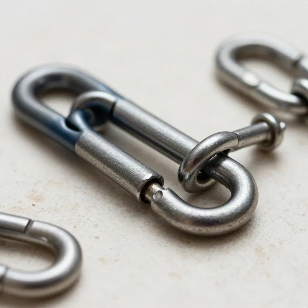 Macro of linked metal rings and snap hooks on a pale stone surface with navy accents.