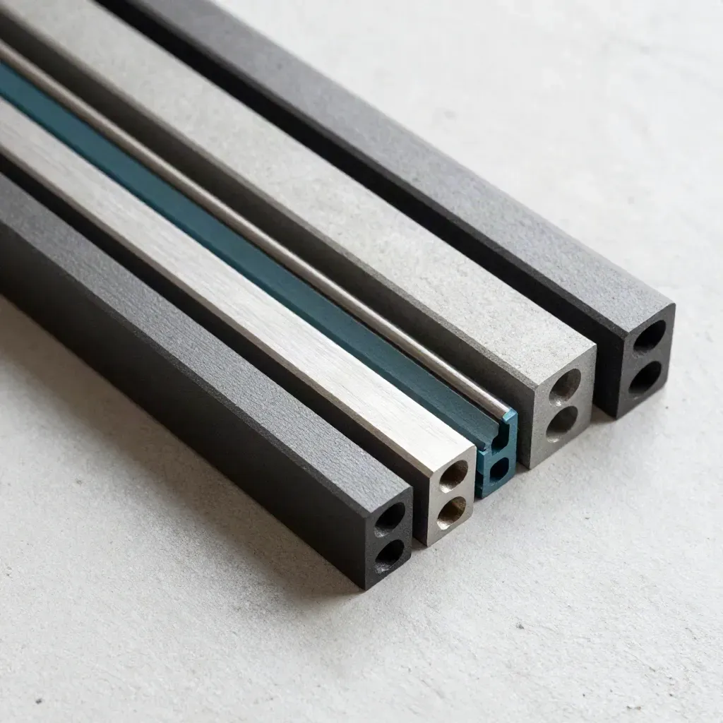 Overhead closeup of graphite blocks and spacers aligning on concrete with a teal accent.